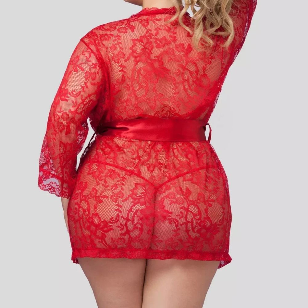 Scarlet Romance Red Floral Lace Robe – Sheer Open Front Nightwear for Women - Velence India