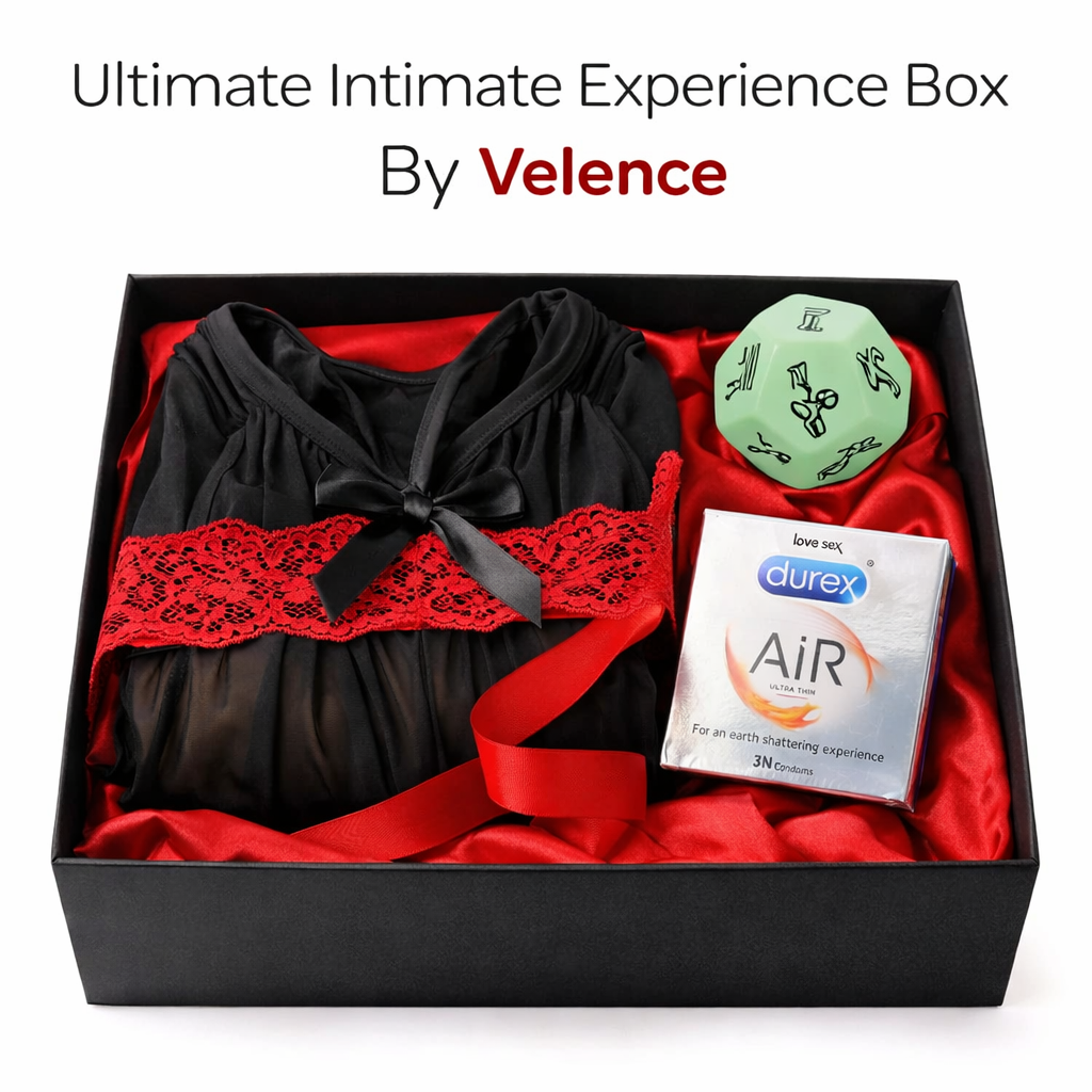 Velence India Ultimate Intimate Experience Box showing a collection of intimate wellness products in elegant packaging.