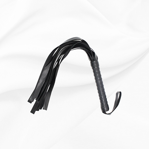 Black leather flogger on a white background