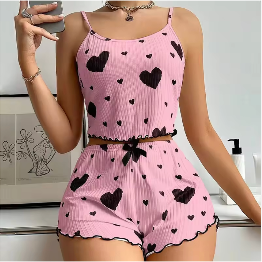 Velence Premium Ribbed Cotton Heart Print Lounge Set - Velence India