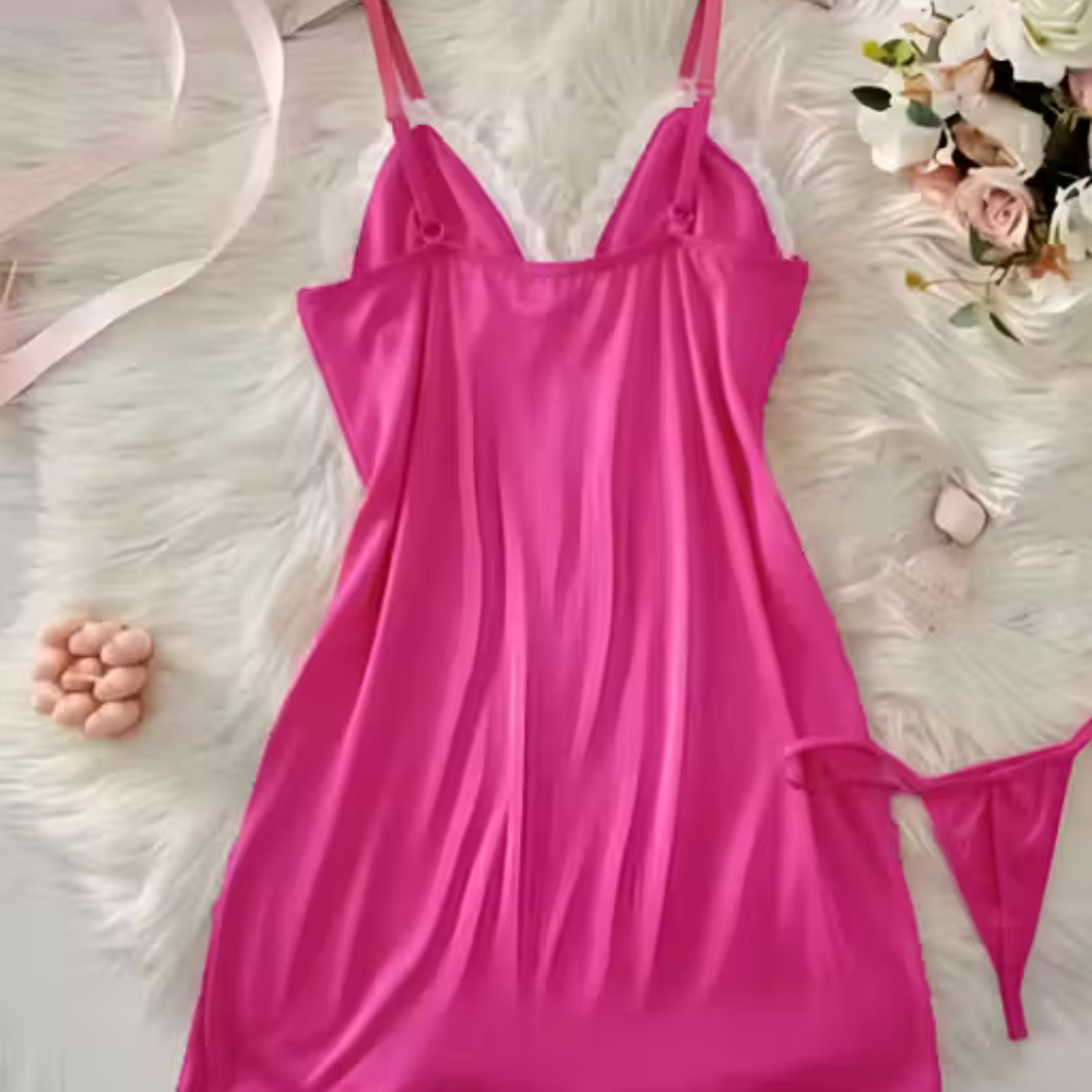 Velence Pink Satin Lace Nightwear Dress - Velence India