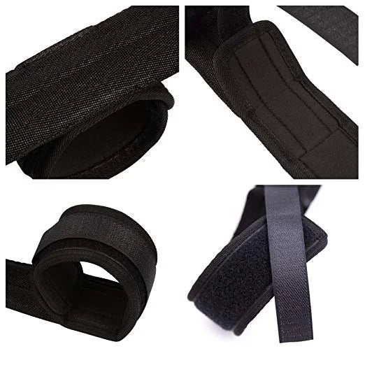 Black velcro straps shown from different angles on a white background