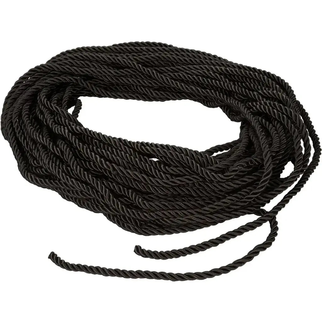 Coiled black rope on a white background