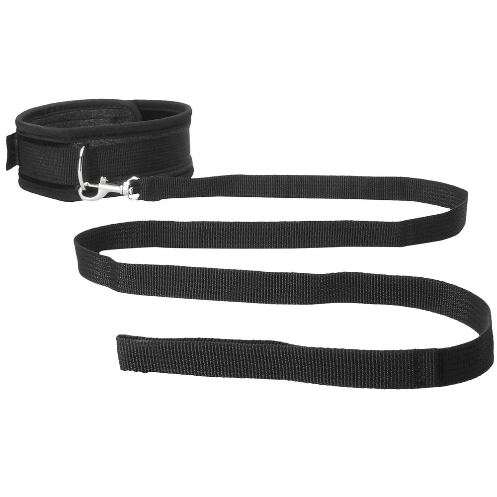 Black dog leash with clip on a white background