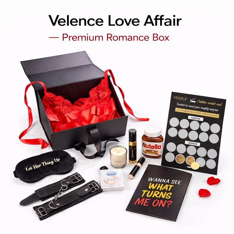 Velence Love Affair Premium Romance Box from Velence India, featuring elegant packaging and romantic gift items inside.