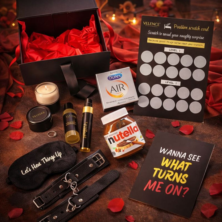 Velence Love Affair Premium Romance Box by Velence India, featuring an elegant gift set with romantic accessories on a decorative background.