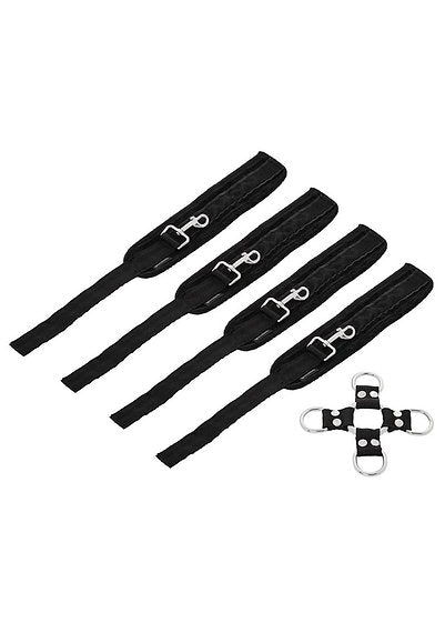 Set of black straps with metal buckles on a white background