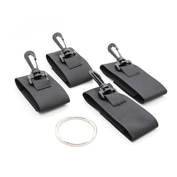 Four black strap with carabiner attachments and a silver keychain on a white background