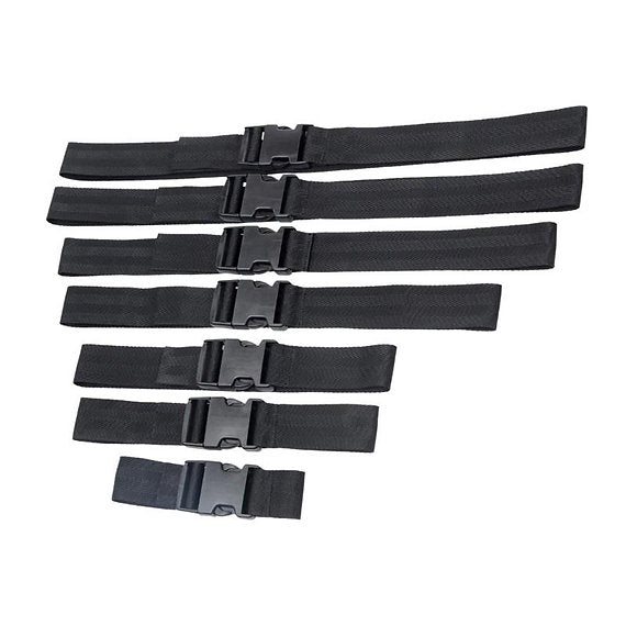 Set of six black belts with buckles on a white background