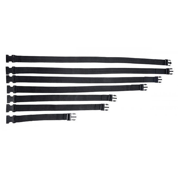 Set of six black straps with metal buckles on a white background