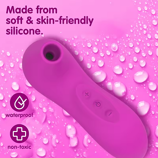 Purple silicone device on a pink background with water droplets, text about material properties.