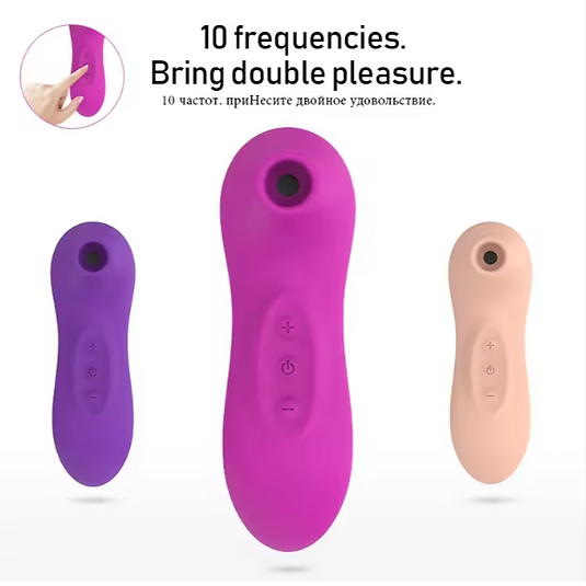 Three purple and pink devices with control buttons on a white background, accompanied by text about frequencies and pleasure.