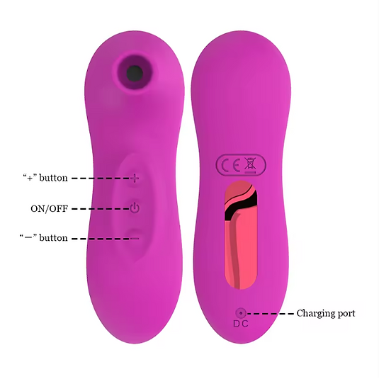 Purple electronic insole with labeled buttons and ports on a white background