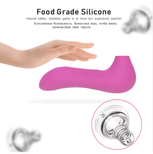 Pink silicone product with food grade safety label and close-up of a hand holding it.