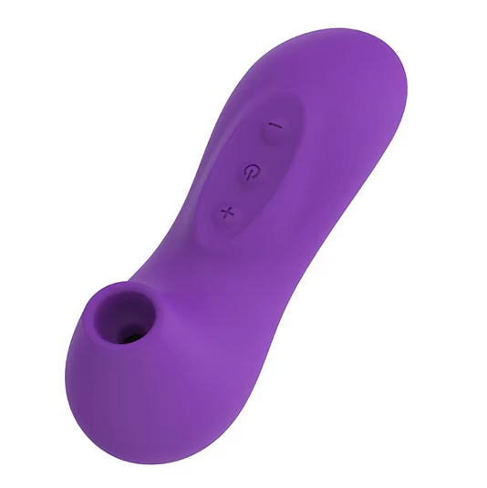 Purple silicone butt plug with control buttons on a white background