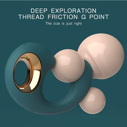 Product with gold ring and beige spheres on a teal background, text about thread friction G point.