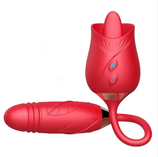 Red silicone product with a curved attachment on a white background