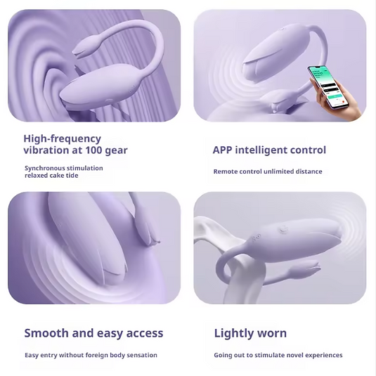 Product features with text on high-frequency vibration, app control, smooth access, and light wear.
