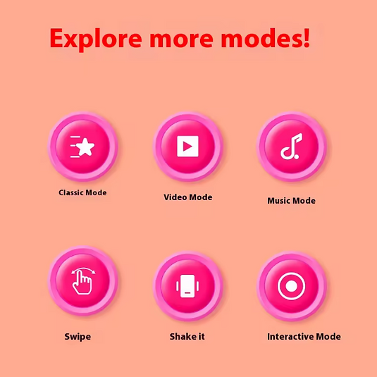 Six pink mode buttons on a peach background with text 'Explore more modes!'.
