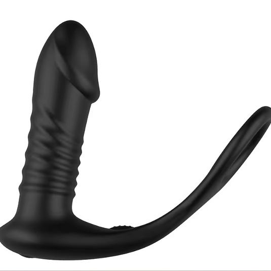Black silicone butt plug on a white background