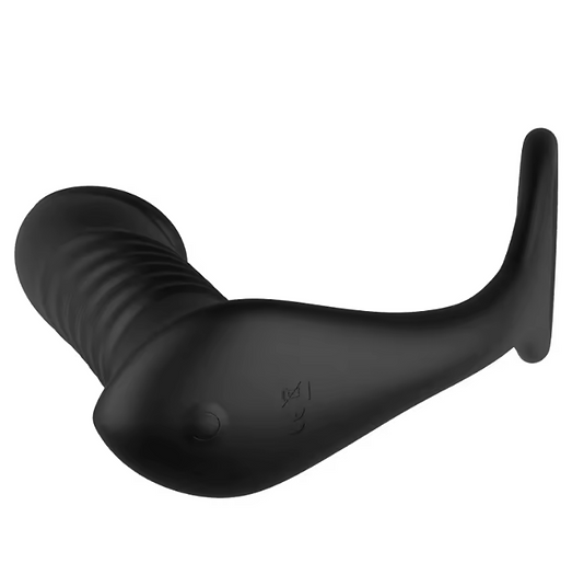 Black silicone butt plug on a white background