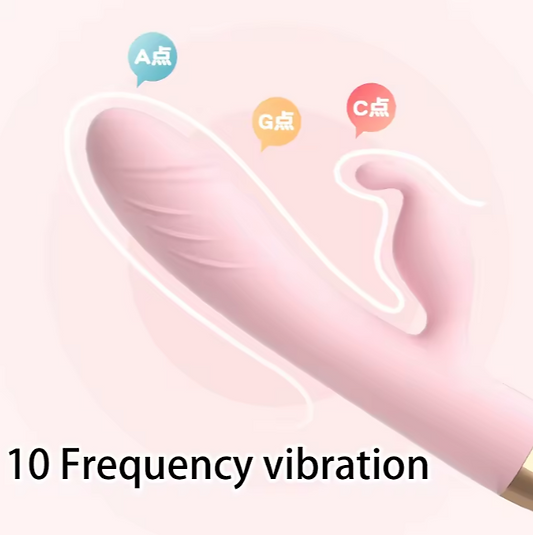 Pink electronic device with labeled points and '10 Frequency vibration' text on a light pink background