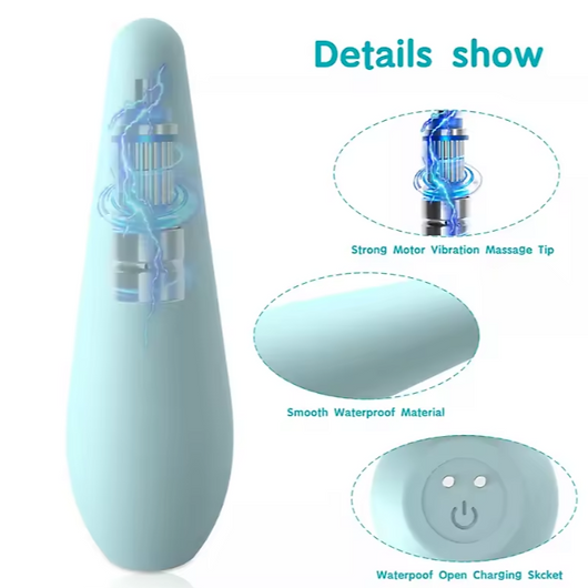 Blue electronic device with close-up details on a white background