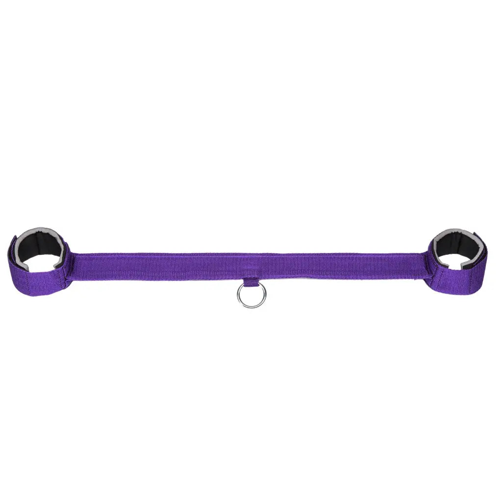Purple dog muzzle with metal clips on a white background