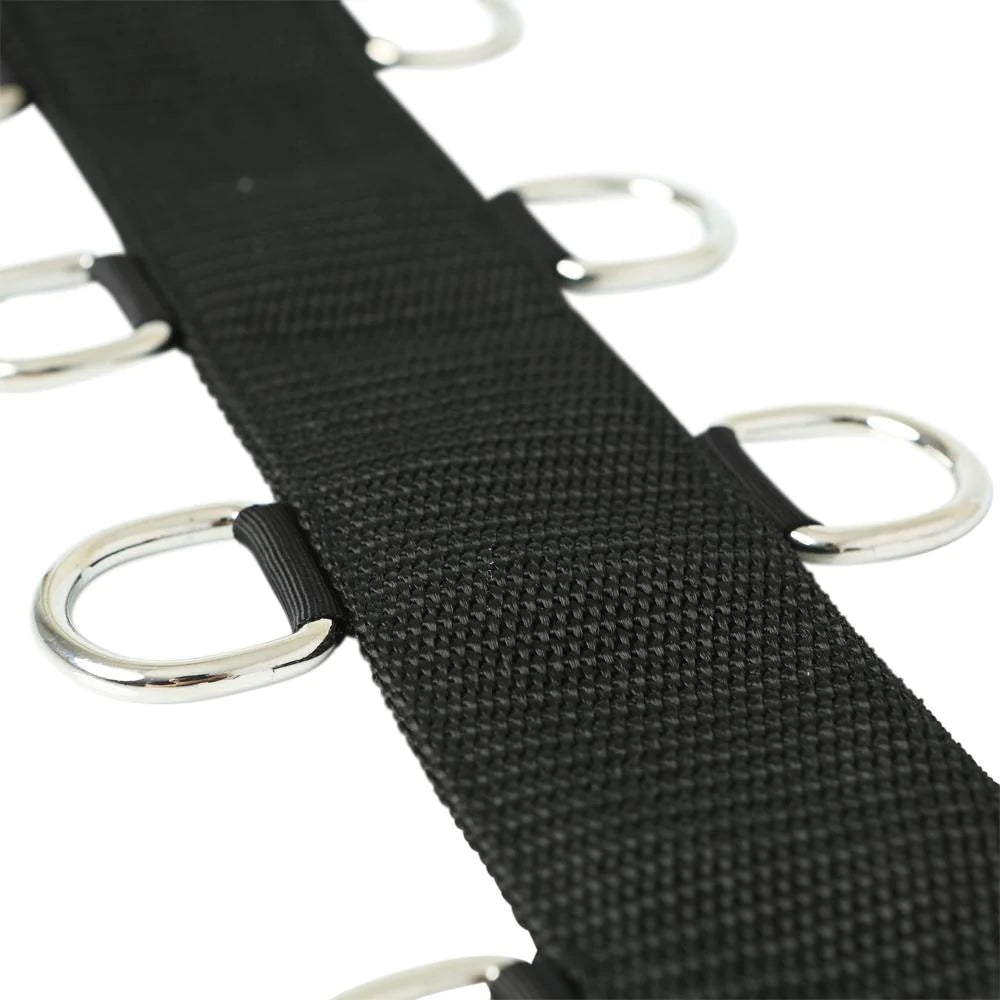 Black belt with silver D-rings on a white background