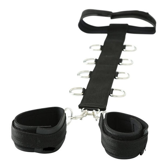 Black restraint straps with metal hooks on a white background