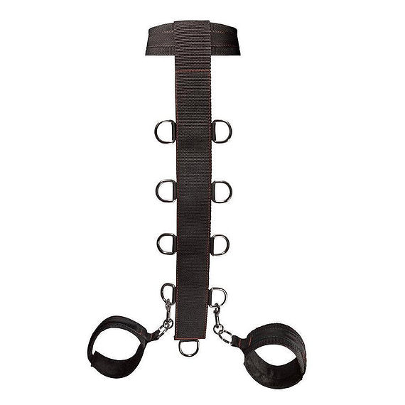 Black leather restraint set with multiple hooks on a white background