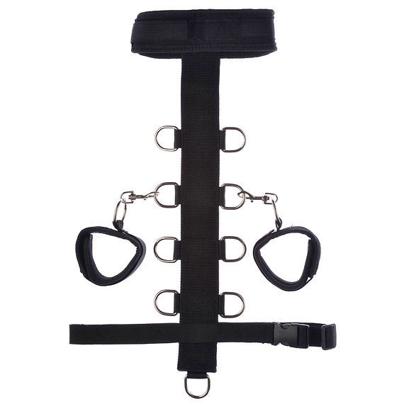 Black equestrian bridle with multiple straps and buckles on a white background