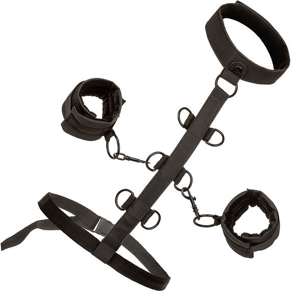 Black restraint set with cuffs and a leash on a white background