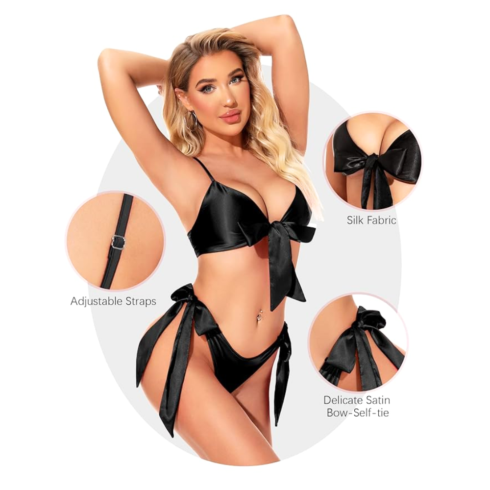 Velence Fiore Black Satin Bikini Set – Glossy Tie-Side Lingerie Two-Piece with Bow Detail - Velence India