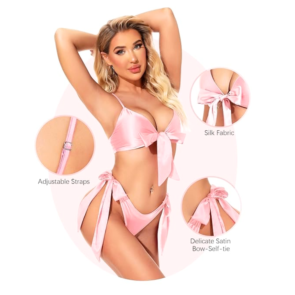 Velence Fiore Pink Satin Bikini Set – Glossy Tie-Side Lingerie Two-Piece with Bow Detail - Velence India