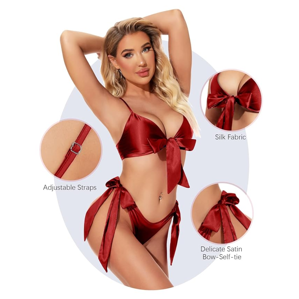Velence Fiore Red Satin Bikini Set – Glossy Tie-Side Lingerie Two-Piece with Bow Detail - Velence India