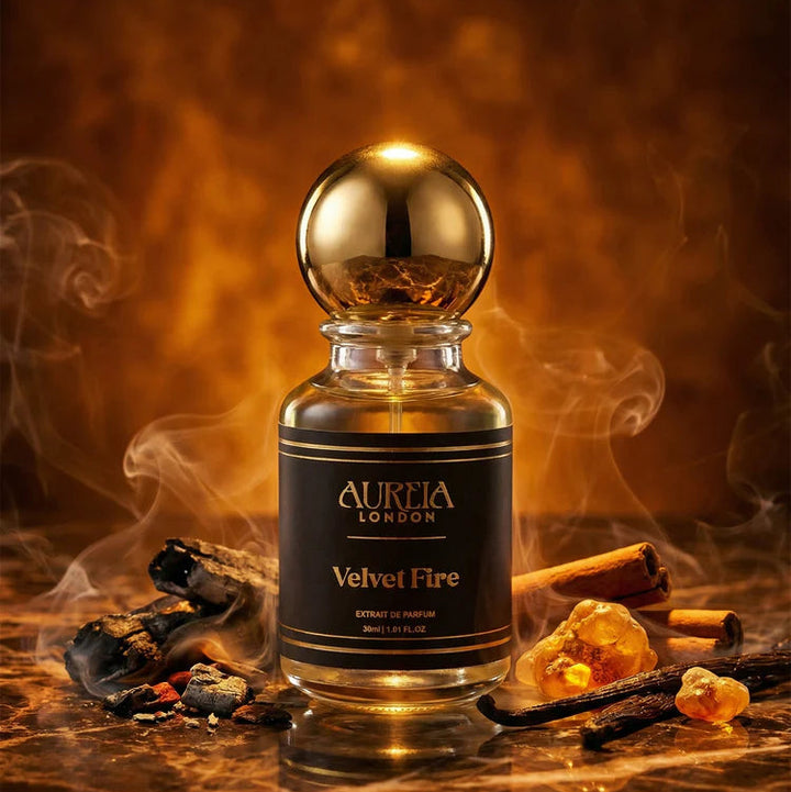 Aurelia London Velvet Fire perfume bottle with spices and smoke on a warm background