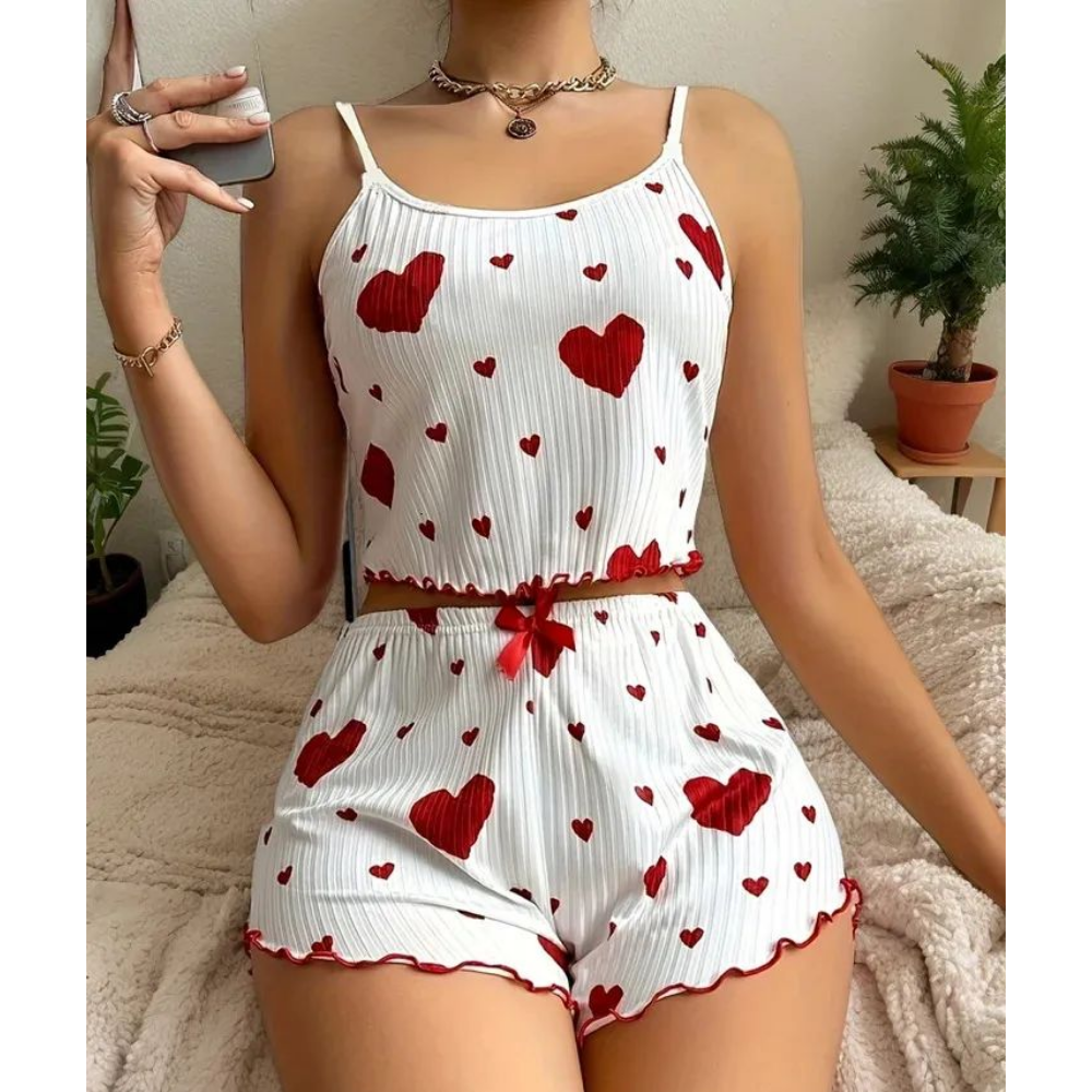 Velence Premium Ribbed Cotton Heart Print Lounge Set - Velence India