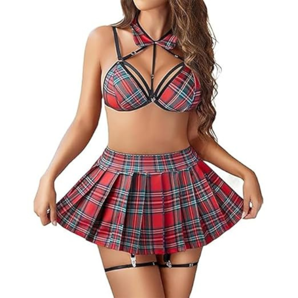 Women's 3-Piece Cosplay Lingerie Set with Mini Skirt & Garter Belt Velence India Women's 3-Piece Cosplay Lingerie Set with Mini Skirt & Garter Belt Velence India
