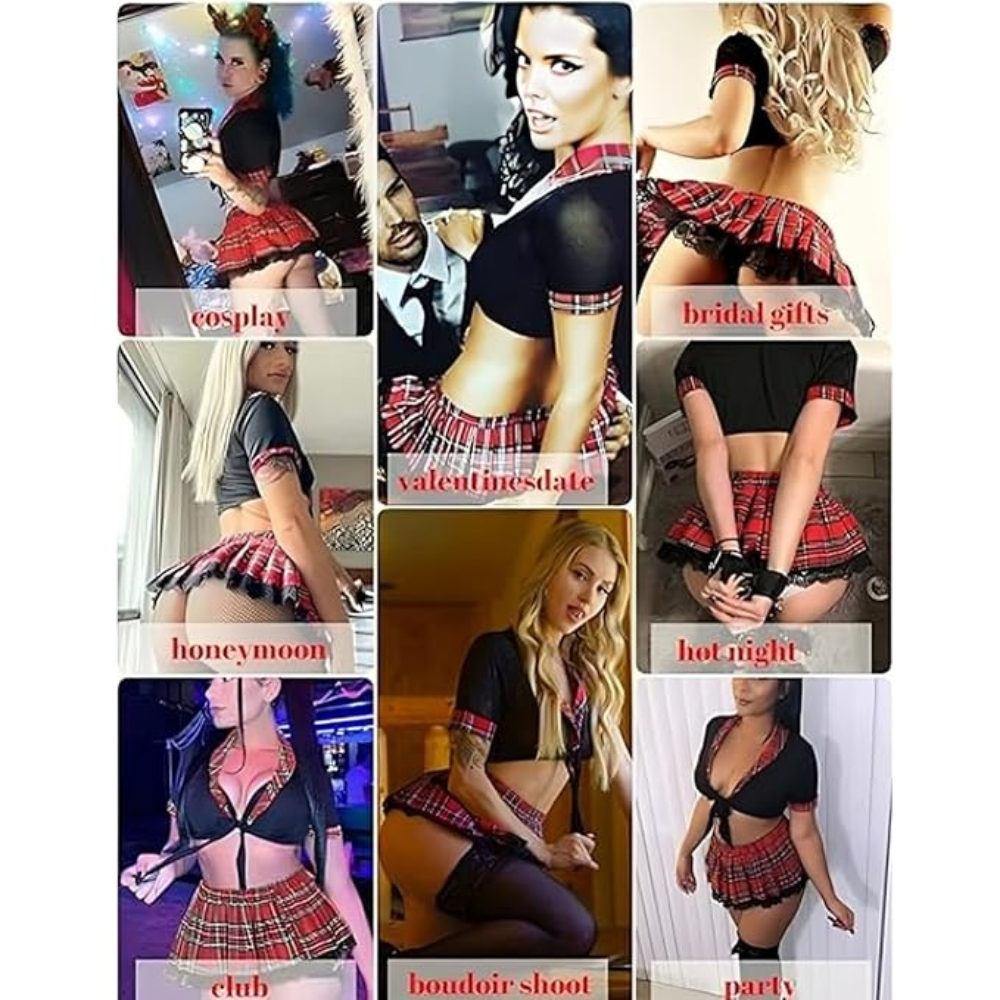 Women’s Babydoll School Girl Outfit Lingerie Set with Sweetheart Neck & Cotton Mini Skirt - Velence India