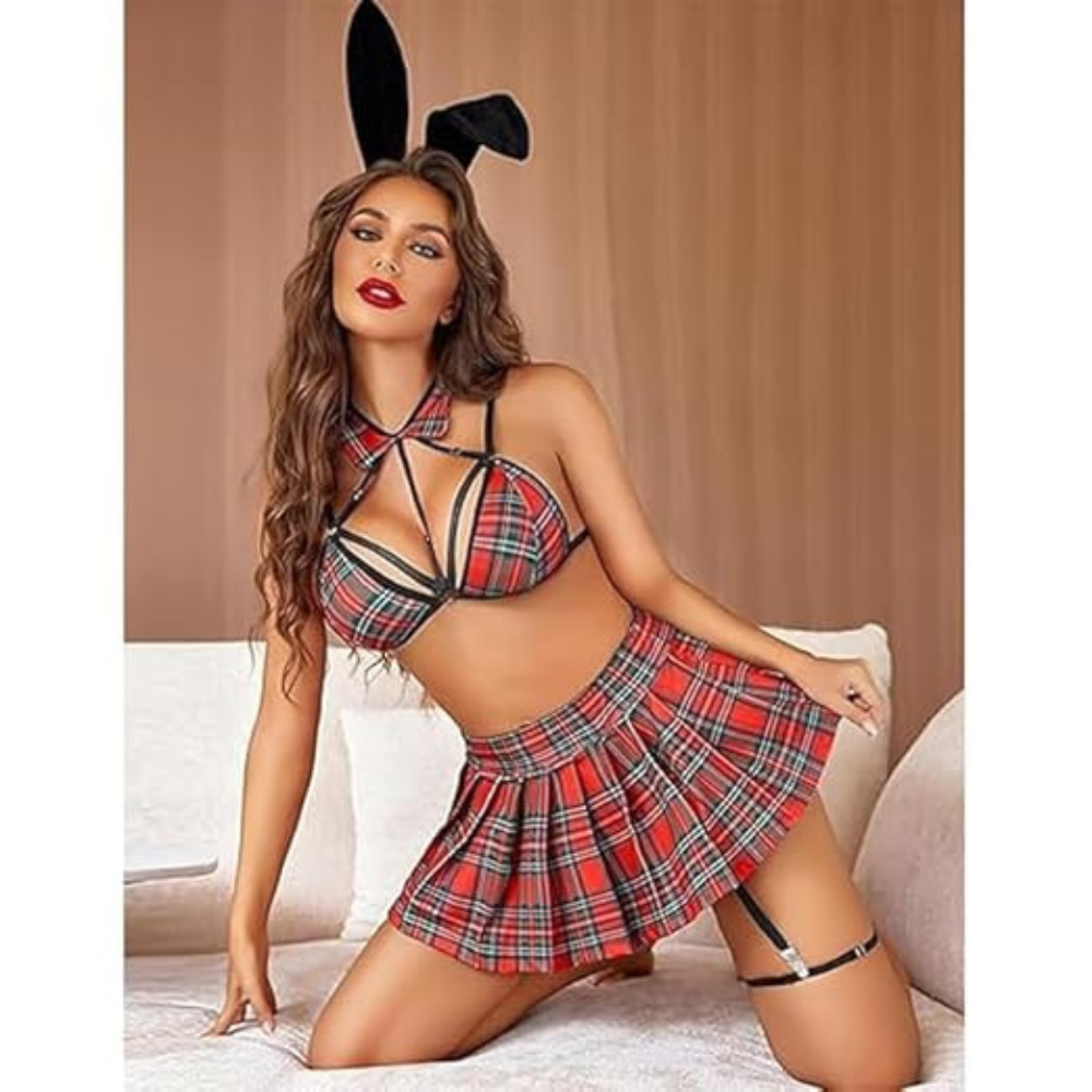 Women's 3-Piece Cosplay Lingerie Set with Mini Skirt & Garter Belt Velence India Women's 3-Piece Cosplay Lingerie Set with Mini Skirt & Garter Belt Velence India