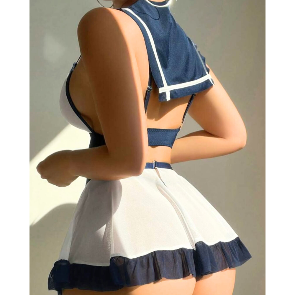 Women Navy Blue Sheer School Girl Lingerie Set – Sexy Crop Top & Mesh Pleated Mini Skirt Costume - Velence India