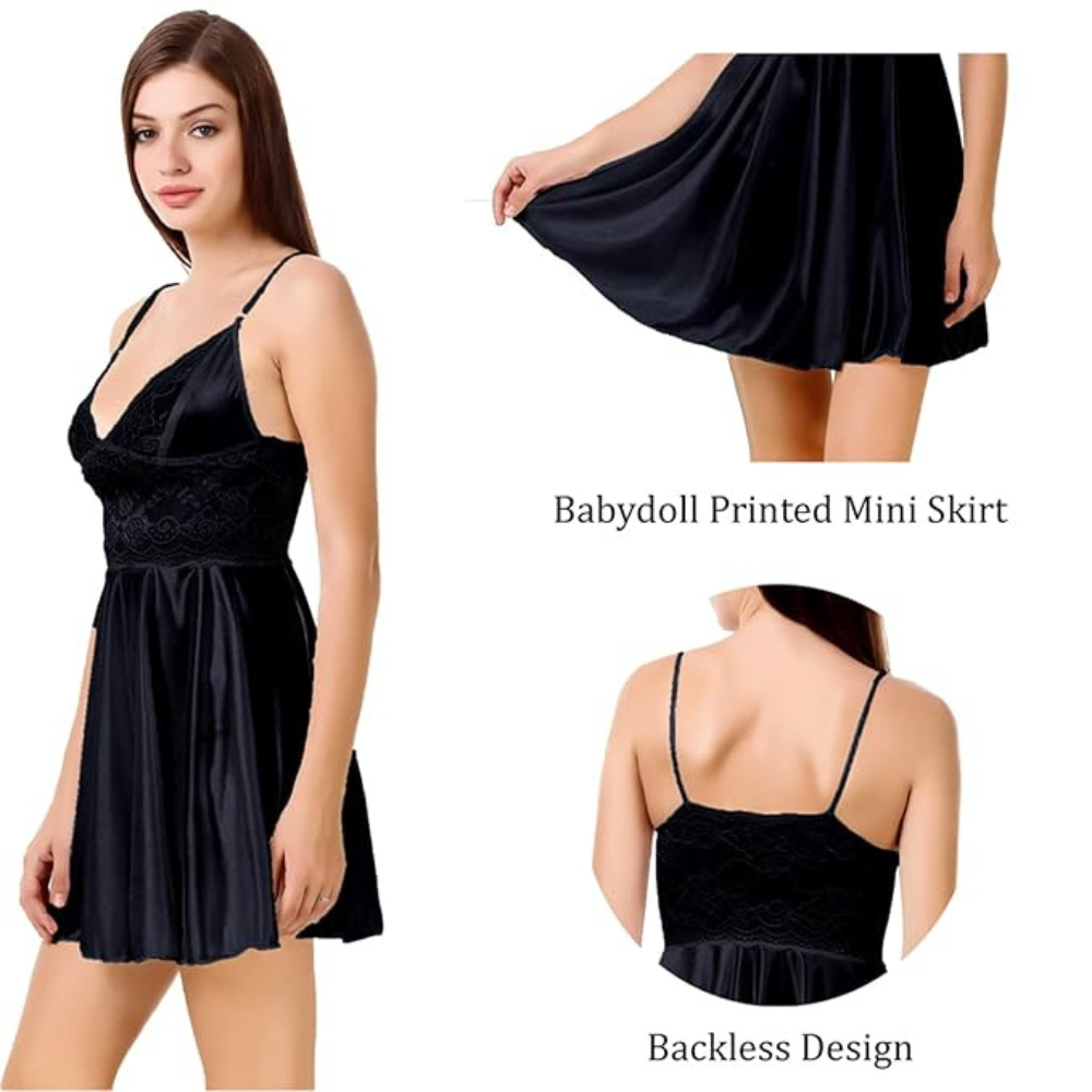 Women’s Satin & Net Babydoll Night Dress – Honeymoon & Maternity Friendly Nightwear - Velence India
