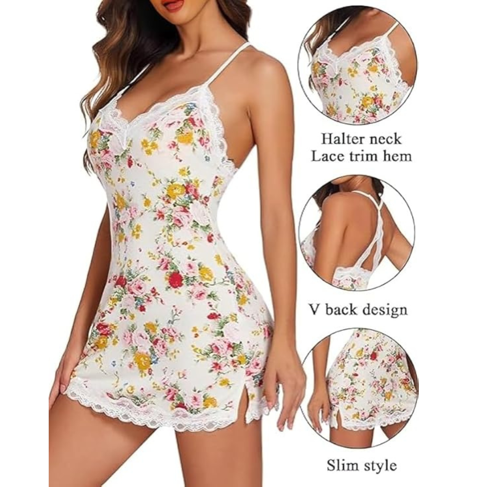 Honeymoon Dress – Women’s Floral Satin Chemise Night Dress with Lace Trim - Velence India