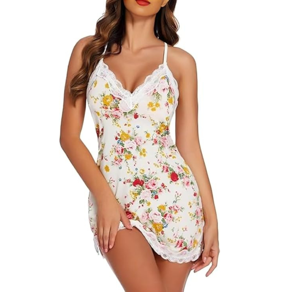Honeymoon Dress – Women’s Floral Satin Chemise Night Dress with Lace Trim - Velence India