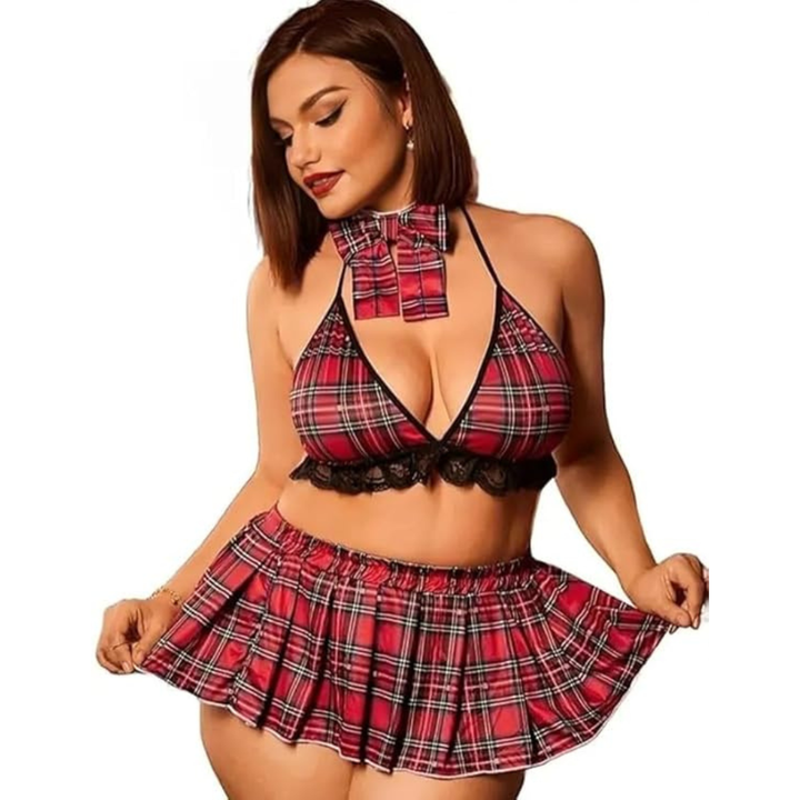 Red Plaid Lingerie Set with Lace Trim, Halter Top, Pleated Skirt & Choker (3-Piece Costume) - Velence India