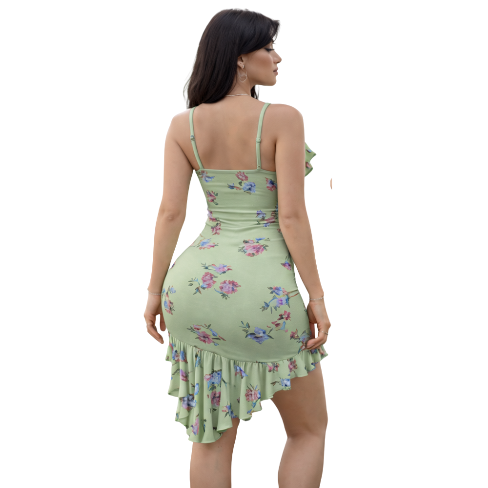 Velence Sage Green Floral Ruffle Strap Nightdress for Women – Asymmetric Frill Romantic Nightwear - Velence India