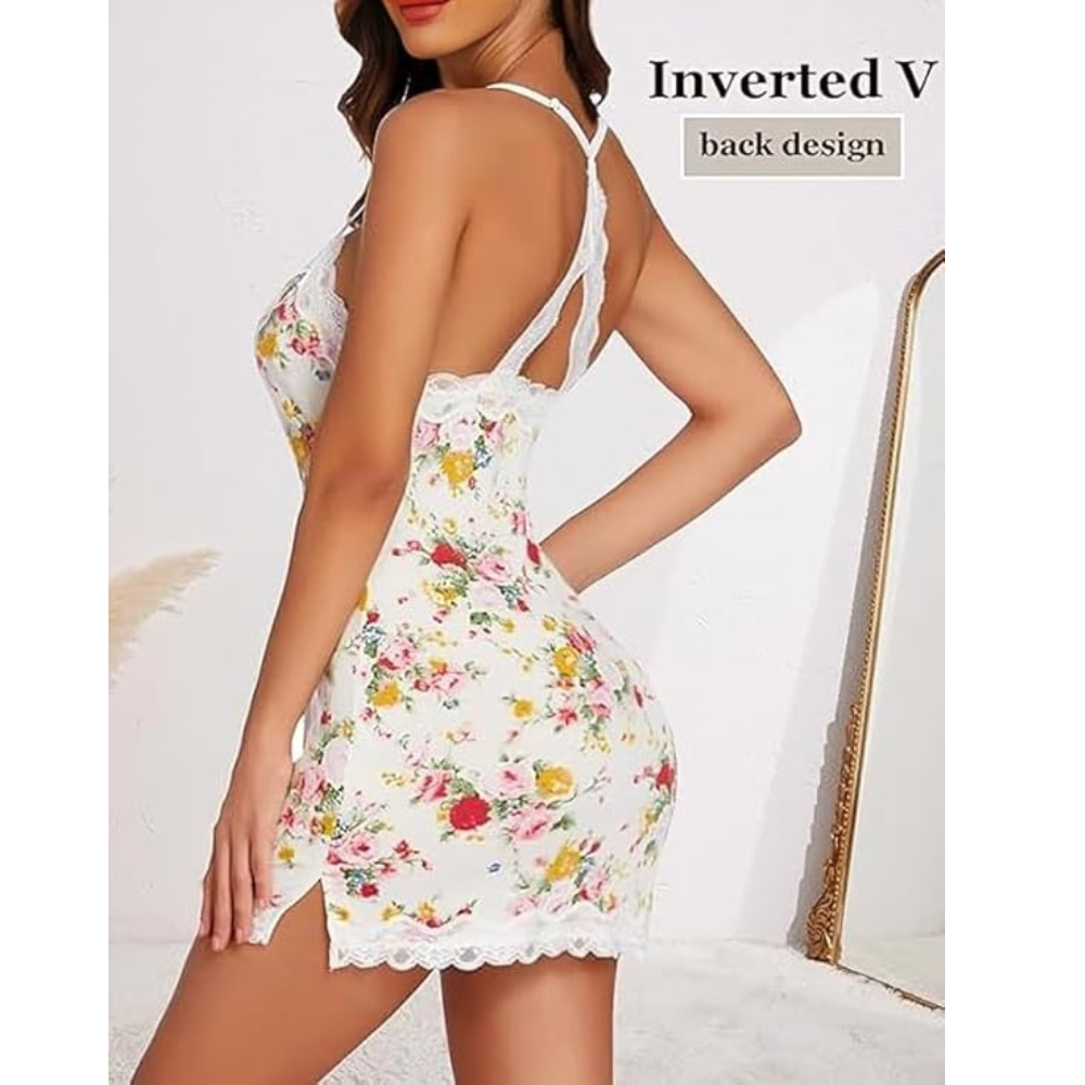 Honeymoon Dress – Women’s Floral Satin Chemise Night Dress with Lace Trim - Velence India