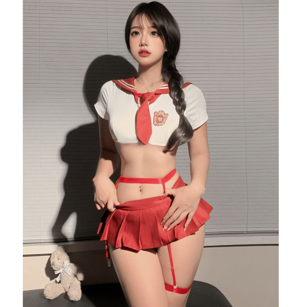 Women Red Plaid School Girl Lingerie Set – 4 Piece Sexy Roleplay Costume with Pleated Mini Skirt - Velence India