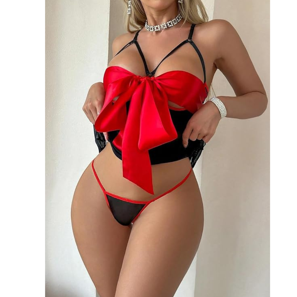 Red Sheer Babydoll Lingerie Set for Women with Matching Thong - Velence India